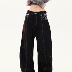 批发美式复古刺绣阔腿<b class='q'>牛仔</b>裤女高街潮牌休闲百搭直筒裤宽松显瘦拖地裤
