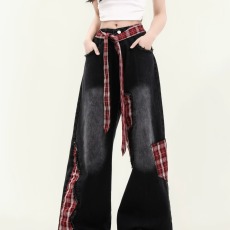 批发新款复古格子拼接阔腿<b class='q'>牛仔</b>裤女2025年高腰宽松显瘦直筒垂感长裤子
