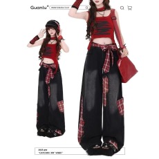 批发大码复古格子拼接阔腿<b class='q'>牛仔</b>裤女2025春高腰宽松显瘦直筒垂感长裤子