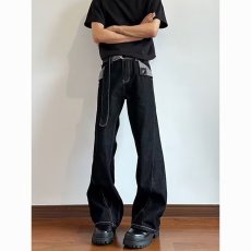 批发秋季新款设计感飘带辑明线轮廓设计<b class='q'>牛仔裤</b>男女同款阔腿直筒裤潮流