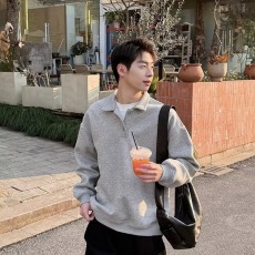 批发翻领灰色卫衣2025新款春秋季宽松百搭休闲POLO衫<b class='q'>套头</b>上衣简约长袖