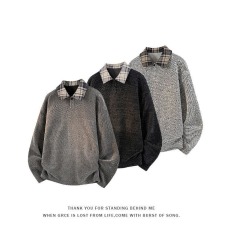 批发秋季新款卫衣男复古格纹拼接百搭潮牌小香风长袖<b class='q'>套头</b>衫慵懒风休闲