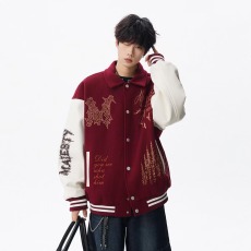 批发美式珍珠红色拼接棒球服男女春秋季新款高街百搭毛呢夹克立领外套