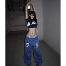 批发美式复古印花蓝色卫裤女<b class='q'>秋</b>冬2025新款超好看宽松慵懒风弯刀阔腿裤