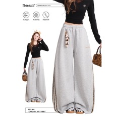 批发豹纹三条杠卫裤男女美式复古垂感阔腿裤<b class='q'>秋</b>冬百搭运动休闲裤