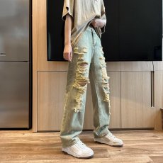 批发黄泥染破洞牛仔<b class='q'>裤</b>男直筒宽松<b class='q'>欧美</b>vibe<b class='q'>裤</b>子高街美式复古做旧乞丐<b class='q'>裤</b>