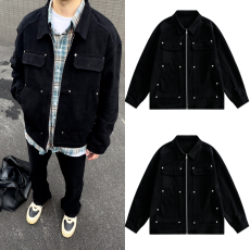 批发春秋季高街黑色撞钉贴片<b class='q'>牛仔外</b><b class='q'>套男</b>女款潮牌宽松拉链工装夹克上衣