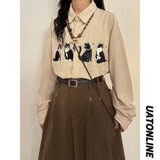 批发2025春美式复古慵懒风百搭小猫刺绣灯芯绒长袖<b class='q'>衬衫</b>上衣男女<b class='q'>衬衫</b>