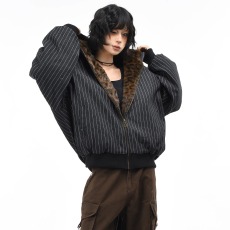 批发OV原创美式复古条纹连帽保暖棉服<b class='q'>外套</b>男女冬季宽松豹纹座山雕棉衣