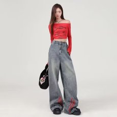 批发美式复古条纹拼接直筒牛仔裤女夏季高街<b class='q'>设计</b>感宽松做旧工装阔腿裤