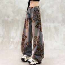 批发美式夏日浪漫黄<b class='q'>碎花</b>阔腿牛仔<b class='q'>裤</b>女2025夏季高腰显瘦慵懒宽松拖地<b class='q'>裤</b>