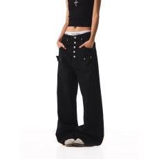 批发金属排扣<b class='q'>设计</b>纯色黑白宽松直筒牛仔裤男女秋冬百搭重磅阔腿裤