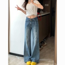 批发秋冬新款美式复古拼接微喇叭牛仔裤女显瘦<b class='q'>设计</b>感腰带马蹄阔腿裤子