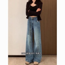 批发秋冬新款美式复古拼接微喇叭牛仔裤女显瘦<b class='q'>设计</b>感腰带马蹄阔腿裤子