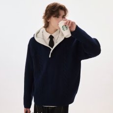 批发美式复古拼色连帽绞花纹高级感男士毛衣秋冬季cleanfit男装衣服