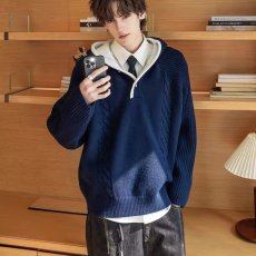 批发美式复古拼色连帽绞花纹高级感男士毛衣秋冬季cleanfit男装衣服