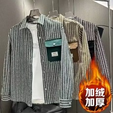 批发2025春季新款潮牌长袖衬衫<b class='q'>男士</b>口袋条纹网红<b class='q'>休闲</b>百搭时尚上衣夹克