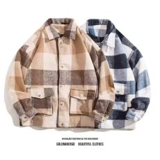 批发2025秋冬新款男装廓形<b class='q'>衬衫</b>式毛呢宽松格子外套美式潮牌<b class='q'>情侣</b><b class='q'>款</b>夹克