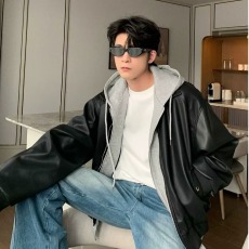 批发气质新款韩系秋冬宽松复古假两件连帽<b class='q'>皮衣</b>外套男百搭短款<b class='q'>机车</b>夹克