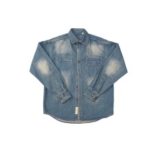 批发硬挺有型美式复古做旧磨白水洗工装<b class='q'>衬衫</b>肘部补丁宽松牛仔<b class='q'>衬衣</b>