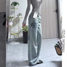 批发复古直筒牛仔裤女秋<b class='q'>冬</b>2025新款宽松垂感小个子高腰阔腿拖地裤