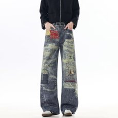 批发美式高街复古<b class='q'>设计</b>感拼接迷彩牛仔裤男宽松直筒微喇叭潮牌痞帅裤子