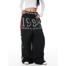 批发黑色阔腿<b class='q'>休闲裤</b><b class='q'>男</b>夏季新款慵懒宽松直筒趣味猫咪印花运动卫裤