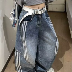 批发美式复古水洗解构弯刀牛仔裤男女三条杠条纹拼接阔腿休闲<b class='q'>长裤</b>子潮