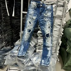 批发2025春夏新款D2潮<b class='q'>男</b>水洗磨破洞补丁油漆弹力修身直筒蓝色牛仔裤<b class='q'>男</b>