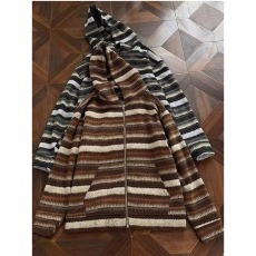 批发美式复古毛呢条纹<b class='q'>开衫</b>连帽<b class='q'>卫衣</b>外套男女慵懒风情侣休闲帽衫