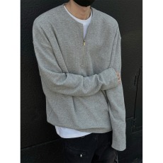 批发秋冬美式复古拉链<b class='q'>设计</b>感重磅长袖T恤男纯色圆领宽松卫衣打底衫潮