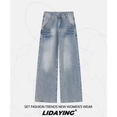 批发美式2025复古水洗高腰阔腿牛仔裤女波纹垂感宽松休闲阔腿裤<b class='q'>长裤</b>