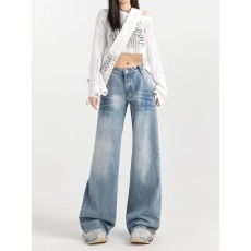 批发美式复古阔腿牛仔裤女秋季秋<b class='q'>冬</b>2025新款高腰宽松显瘦休闲直筒裤子