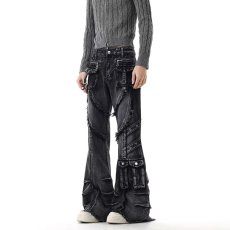 批发高街黑色牛仔裤<b class='q'>男</b>女秋季新款多口袋高腰工装裤修身显瘦微喇裤