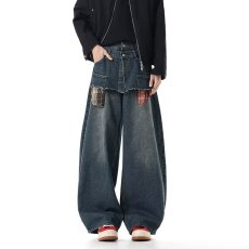 批发美式复古蓝色弯刀廓形牛仔裤<b class='q'>男</b>潮牌休闲宽松baggy阔腿直筒镰刀裤