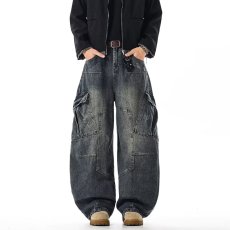 批发高街设计感大口袋工装牛仔裤<b class='q'>男</b>女复古美式高腰直筒宽松垂感阔腿裤