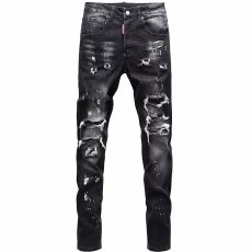 批发美式流行潮牌黑灰色刀割破坏<b class='q'>牛仔裤</b>男猫须磨白破洞弹力修身小脚裤