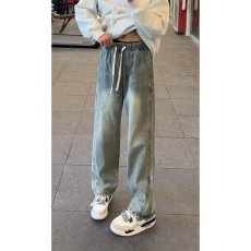 批发春秋蓝色抽绳牛仔裤<b class='q'>男</b>美式vibe裤子<b class='q'>男</b>款阔腿宽松弯刀直筒微喇裤子