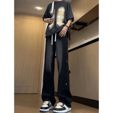 批发宽松型水洗黑色牛仔裤男款抽绳松紧腰裤直筒秋季<b class='q'>长裤</b>宽松腰常规潮