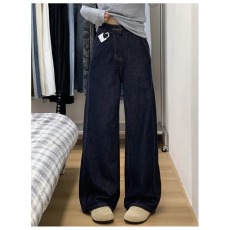 批发深蓝色阔腿牛仔裤女秋<b class='q'>冬</b>高腰大码梨型身材宽松加厚直筒拖地裤