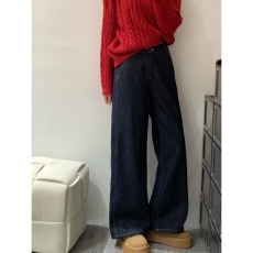 批发深蓝色阔腿牛仔裤女秋<b class='q'>冬</b>高腰大码梨型身材宽松加厚直筒拖地裤