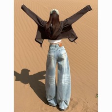 批发做旧百搭复古口袋刺绣弯刀牛仔裤秋季新款高腰宽松显瘦阔拖地<b class='q'>长裤</b>