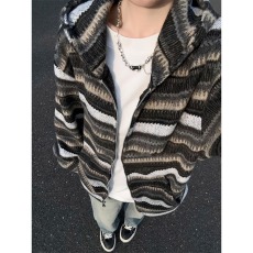 批发美式复古毛呢条纹<b class='q'>开衫</b>连帽<b class='q'>卫衣</b>外套男女慵懒风情侣休闲帽衫