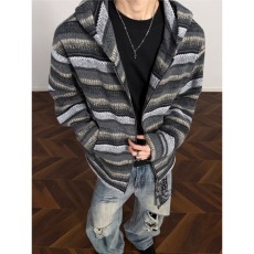 批发美式复古毛呢条纹<b class='q'>开衫</b>连帽<b class='q'>卫衣</b>外套男女慵懒风情侣休闲帽衫