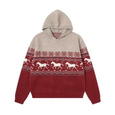 批发2025新年秋冬酒红色小马费尔岛连帽毛衣<b class='q'>男</b>女本命年套头针织毛衫