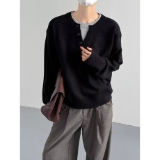 批发2025日系休闲黑色设计感纽扣套头亨利领毛衣<b class='q'>男</b>简约百搭针织上衣潮