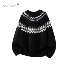 批发复古重磅费尔岛提花圆领<b class='q'>针织衫</b><b class='q'>男</b>女宽松情侣休闲打底毛衣