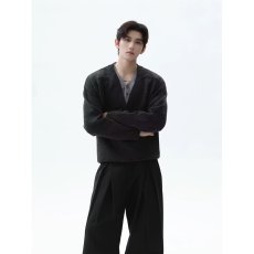 批发秋季韩版假两件拼接V领<b class='q'>针织衫</b>慵懒风时尚上衣纯色百搭套头毛衣潮