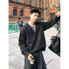 批发秋季韩版假两件拼接V领<b class='q'>针织衫</b>慵懒风时尚上衣纯色百搭套头毛衣潮