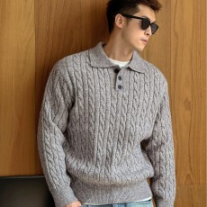 批发秋冬季慵懒风休闲轻奢翻领<b class='q'>男</b>polo衫简约纯色细条磨毛通勤针织毛衣